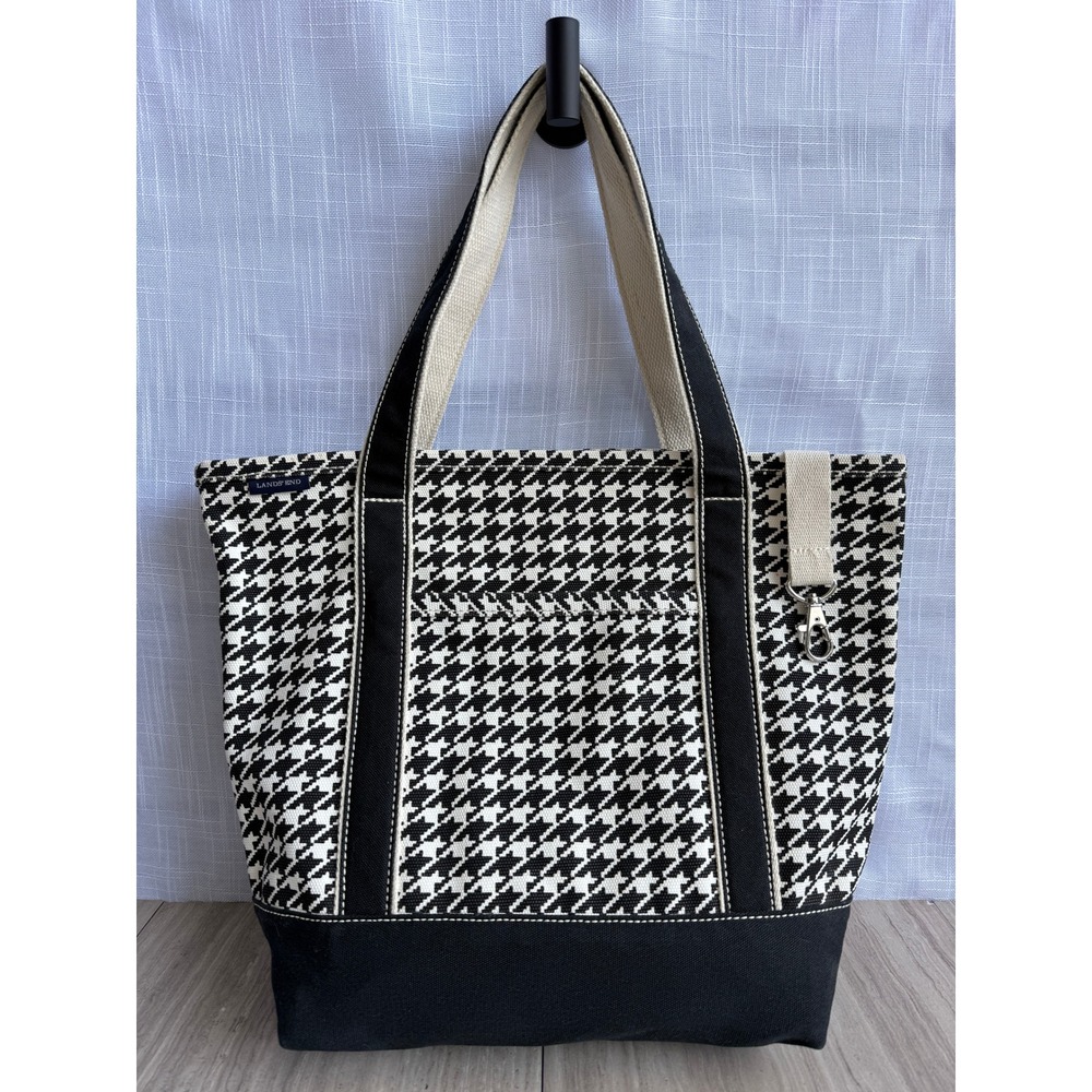 Vintage Lands' End Canvas Tote Bag Houndstooth Check Open Top Pocket Large